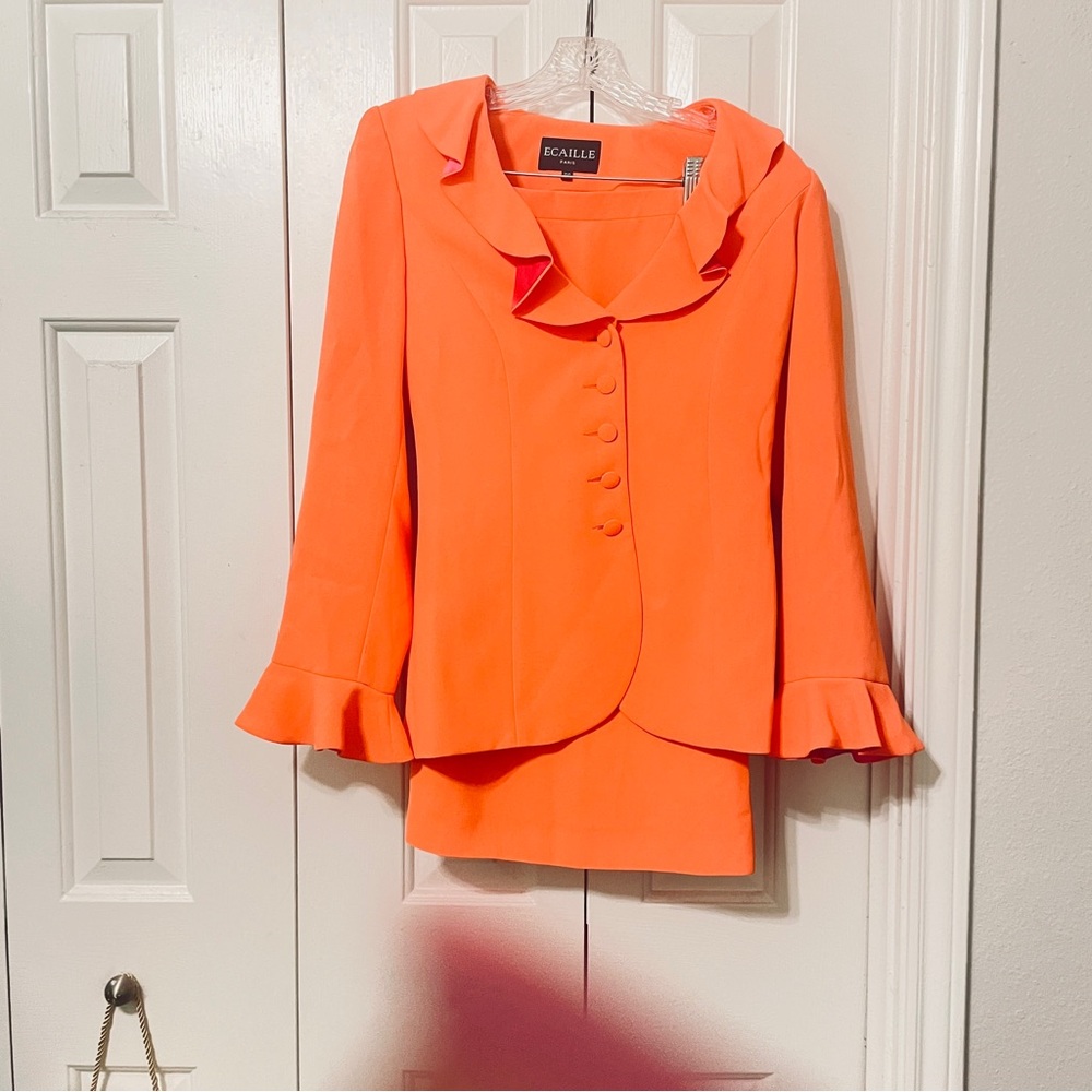 Orange Ruffled Blazer and Skirt Set
